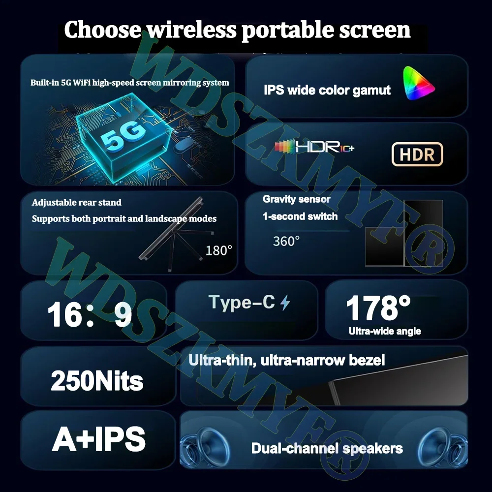 Moniteur portable sans fil 15,6 pouces 1080P 16:9 360 °   Rotation pour téléphone portable PC Loptop filaire pour XBox PS4/5 Extension de commutateur