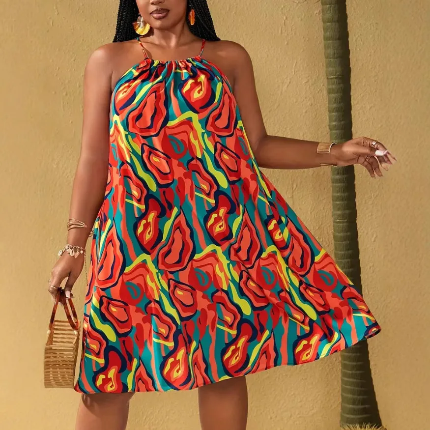 

Summer large-size women's clothing hot sale fashion casual color striped print sleeveless sexy medium and long dress