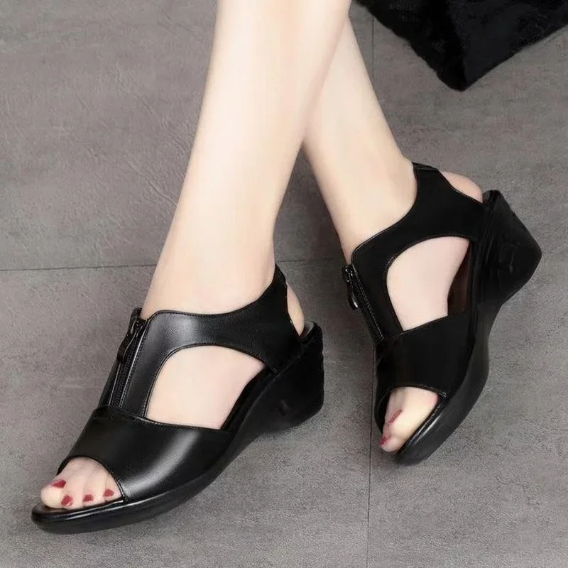 Women Summer Sandals New Wedge Roman Sandals Female Fish Mouth Zipper Breathable Wedge Sandals Women Designers Luxury Sandals