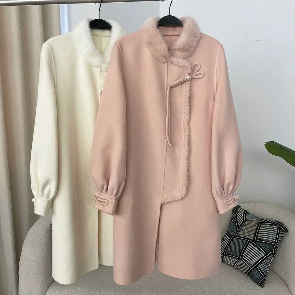 

Elegant Woolen Jacket Autumn Winter Natural Real Mink Fur Collar Long Thick Warm Wool Blends Coat Women Outerwear Streetwear