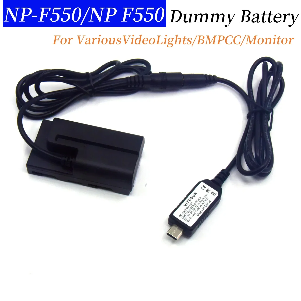 

NP-F550 Dummy Battery Replace NP-F970 F960 F750 F770＋USB C Display 8V Power Adapter Cable to Various Video Lights/BMPCC/Monitor