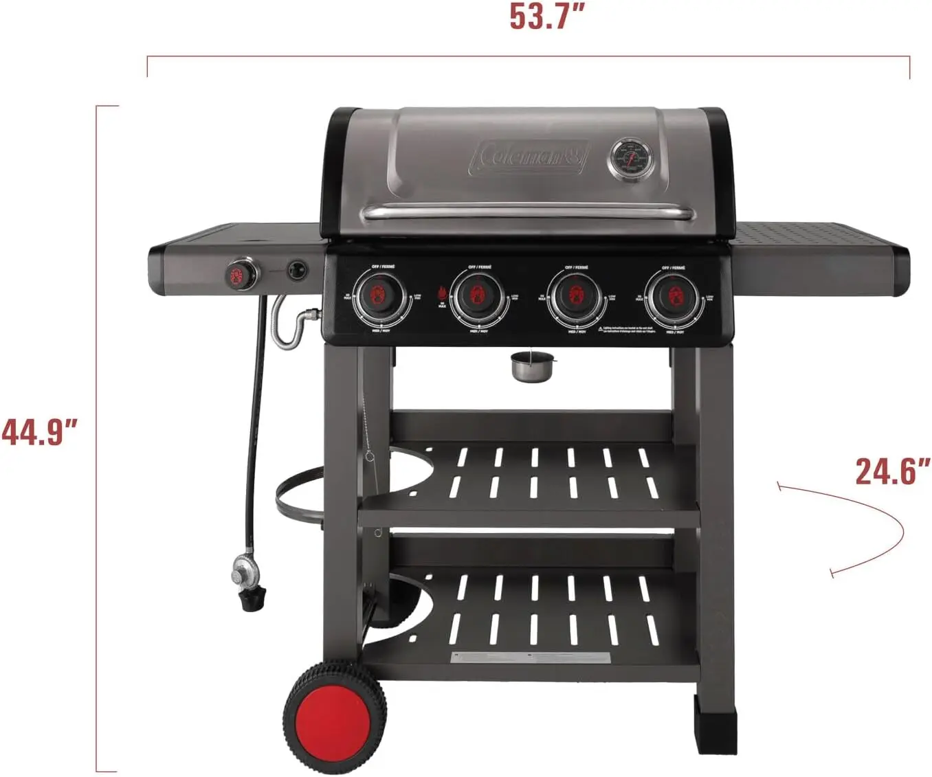 Coleman Cookout 4-Burner 36,000 BTU Propane BBQ Gas Grill with Side Burner, 2-Wheel Cart, 637-Sq. In. Cooking Surface