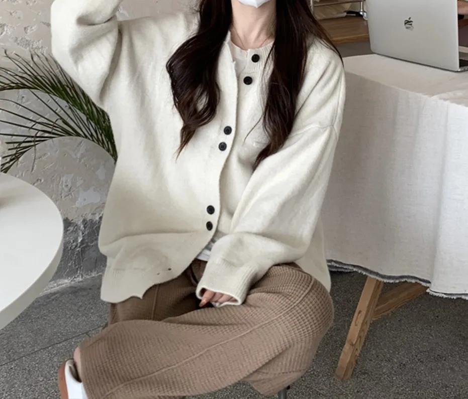 

Women's Autumn Winter College Style Design round Neck Sweater Jacket Loose Fit Soft Cozy Lazy Style Knitted Open Cardigan