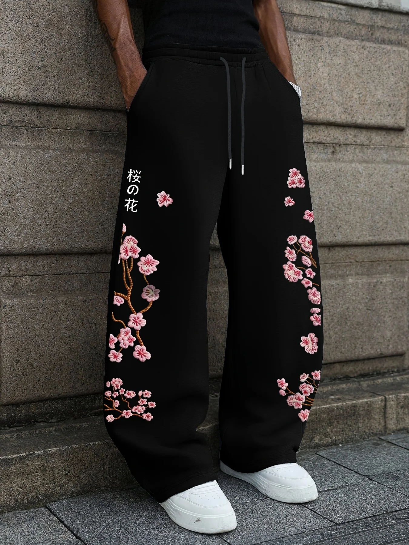 Men Sweet Cool Street Straight Leg Pants Romantic Cherry Blossom Japanese Character Print Elastic Drawstring Loose Trend S-3XL