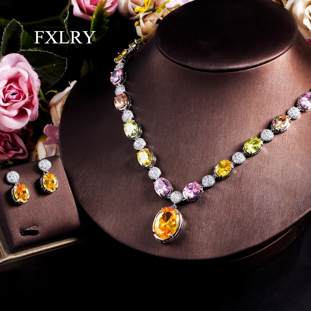 

FXLRY High Quality Shiny Multicolor Big Oval Cubic Zirconia Paved Bride Wedding Jewelry Set