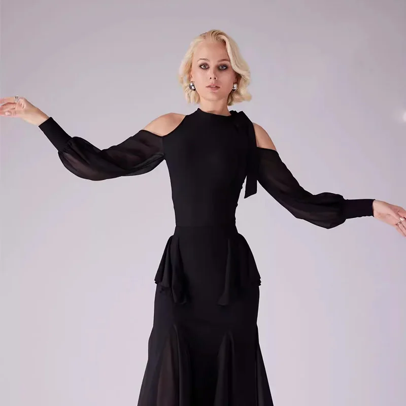 Neue Walzer Ballroom Dance Kleidung Blume Drucken Tops Schwarz Trikots Erwachsene Rumba Salsa Tanz Praxis Kleidung Durchführen Tragen BL17563