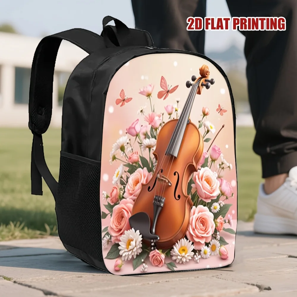 

1 Piece Spring Piano Music 2D Flat Print Backpack - Lightweight Polyester Bag with Removable Strap, Vivid Floral