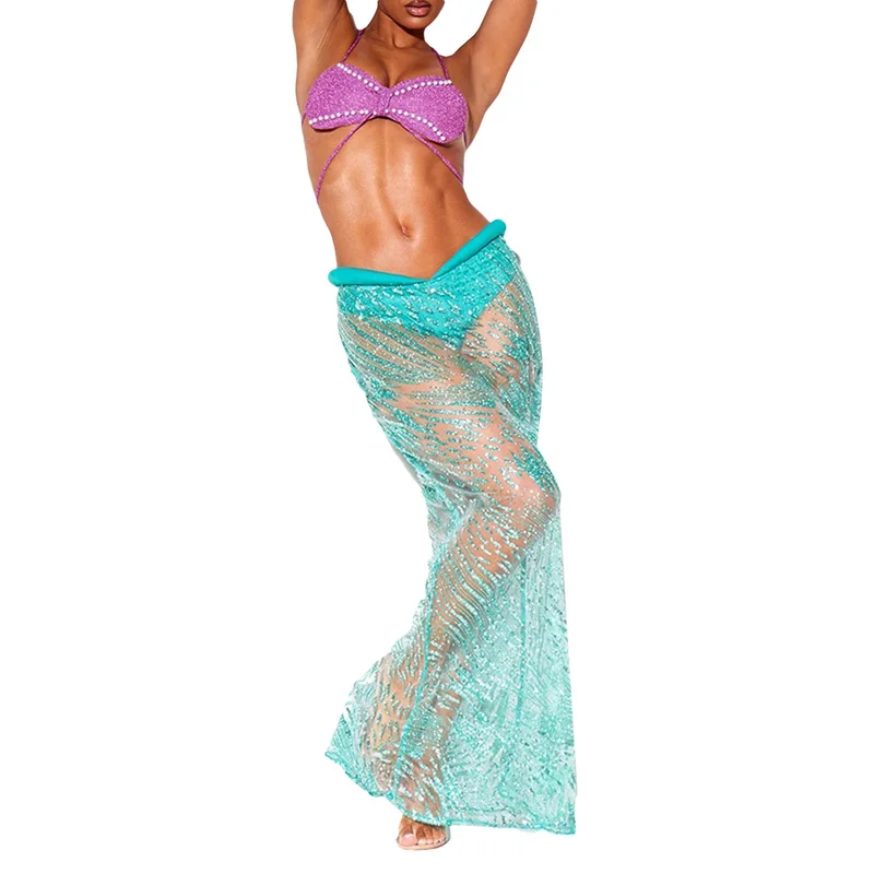 Women Mermaid Outfit Halterneck Pearled Bra with Sequined Sheer Skirt Halloween Costume 2-piece Outfit