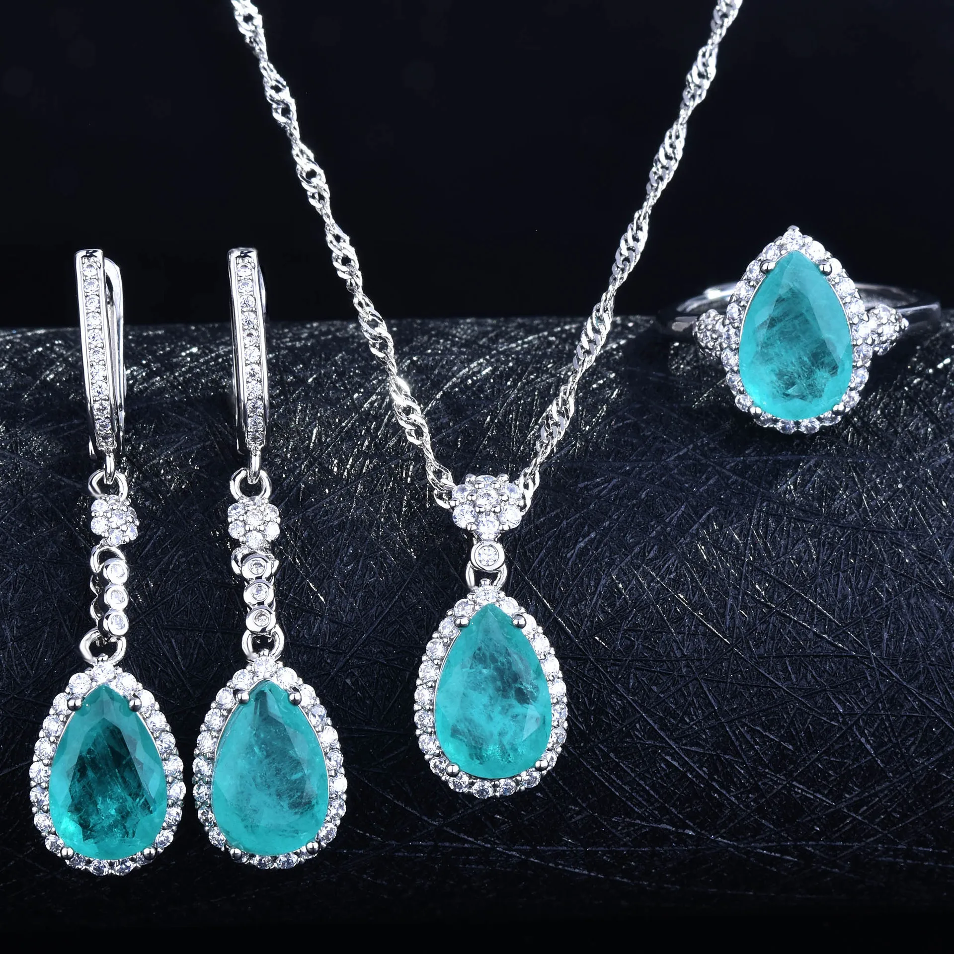 S925 Sterling Silver Real Natural Paraiba Jewelry Set Drop Ring Pendant Necklace And Earrings Elegant Fine Jewelry For Women view 2
