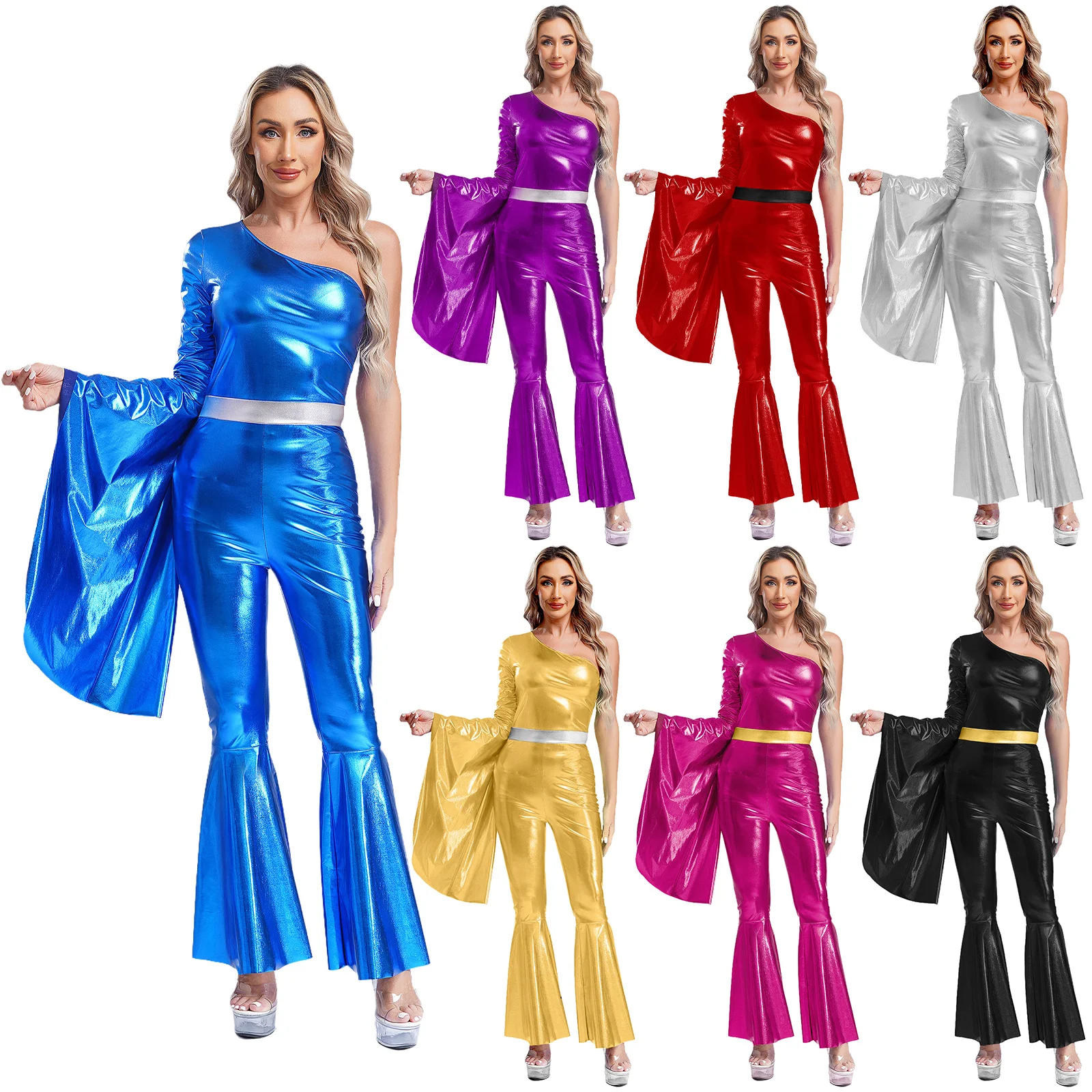 Women Carnival Holiday Musical Party Metallic Shiny One Shoulder Bell-Bottom Jazz Latin Dancewear 70s Disco Vintage Jumpsuit - Image 3