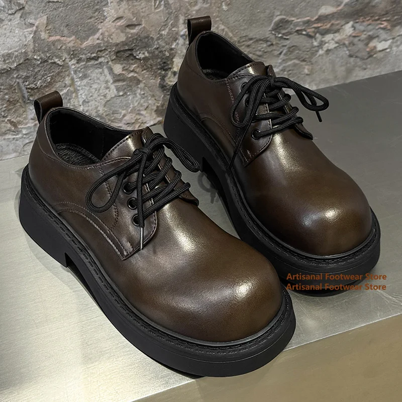 

Thick-Soled Height Increasing Derby Shoes Men's Casual Leather Shoes British Style Trendy Retro Big Round Toe Men's Shoes