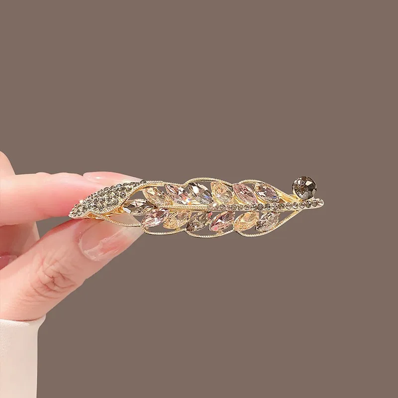 Women Leaf Rhinestone Hair Barrette, Gold Tone Wheat Branch Crystal Hair Clip, Elegant Leaf Hairpin for Daily Hair Accessories