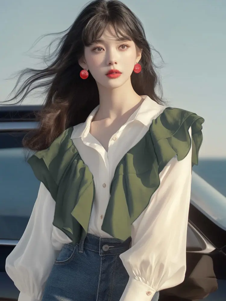 O design popular deste ano é exclusivo chique elegante linda cor contrastante com babados e emenda de borda camisa de manga comprida