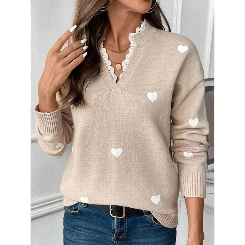 

2025 Female Winter V Neck Patchwork Knitted Sweater Women Solid Long Sleeve Pullover Autumn Lady Casual Loose Warm Jumper