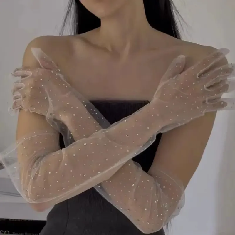 Decoration Thin Mesh Long Transparent Gloves Full Finger Sun Protection Long Sheer Gloves 70cm Driving Gloves Summer
