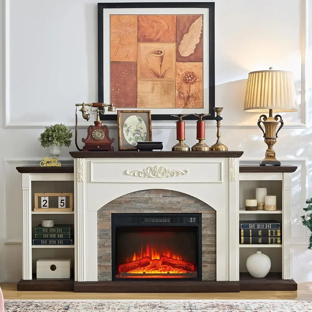 

Electric Fireplace with Mantel White TV Stand for TVs, Farmhouse Entertainment Center with Storage for Bedroom