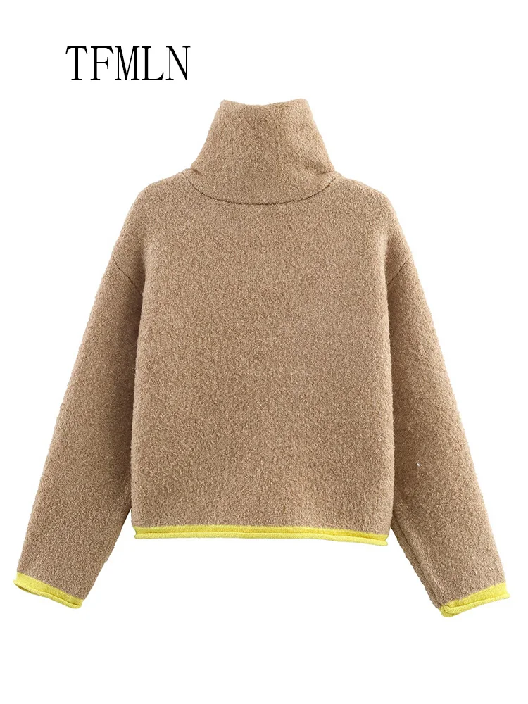 Modny damski sweter dziergany 2025 jesień zima szykowny casualowy z kieszeniami na zamek ciepły kardigan retro luźny stójka