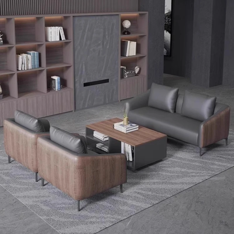 

Office sofa coffee table combination simple modern meeting area light luxury leather three-person office furniture