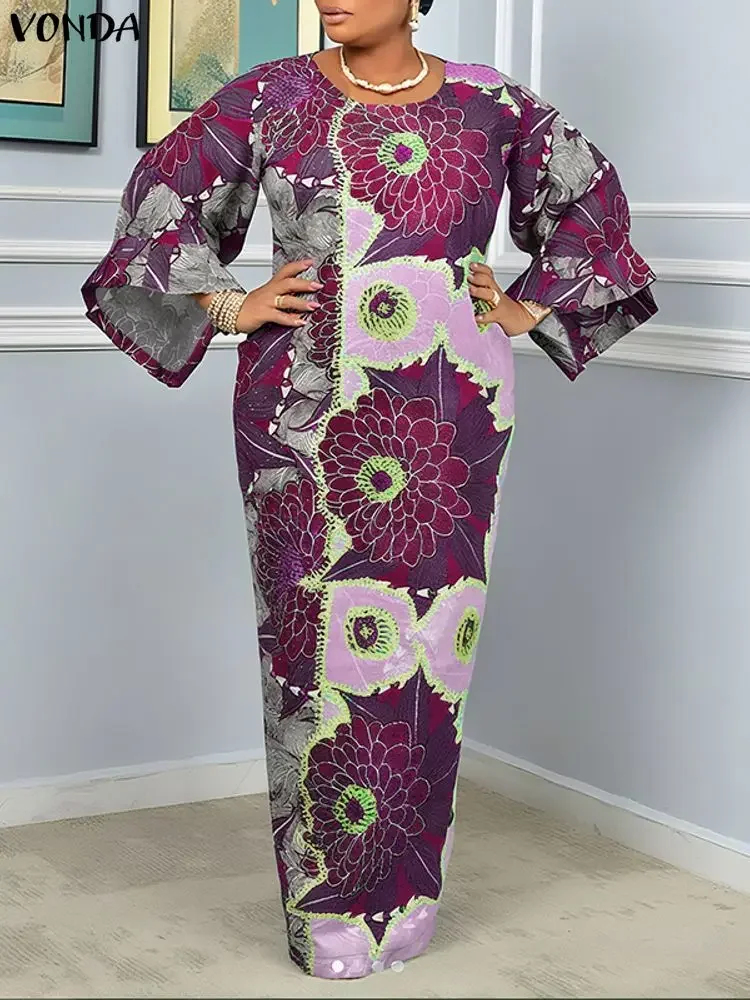 VONDA Women Bohemian Maxi Dresses Fashion Vintage Floral Print Long Vestidos 2025 Autumn Casual Holiday Party Robe Plus Size 5XL