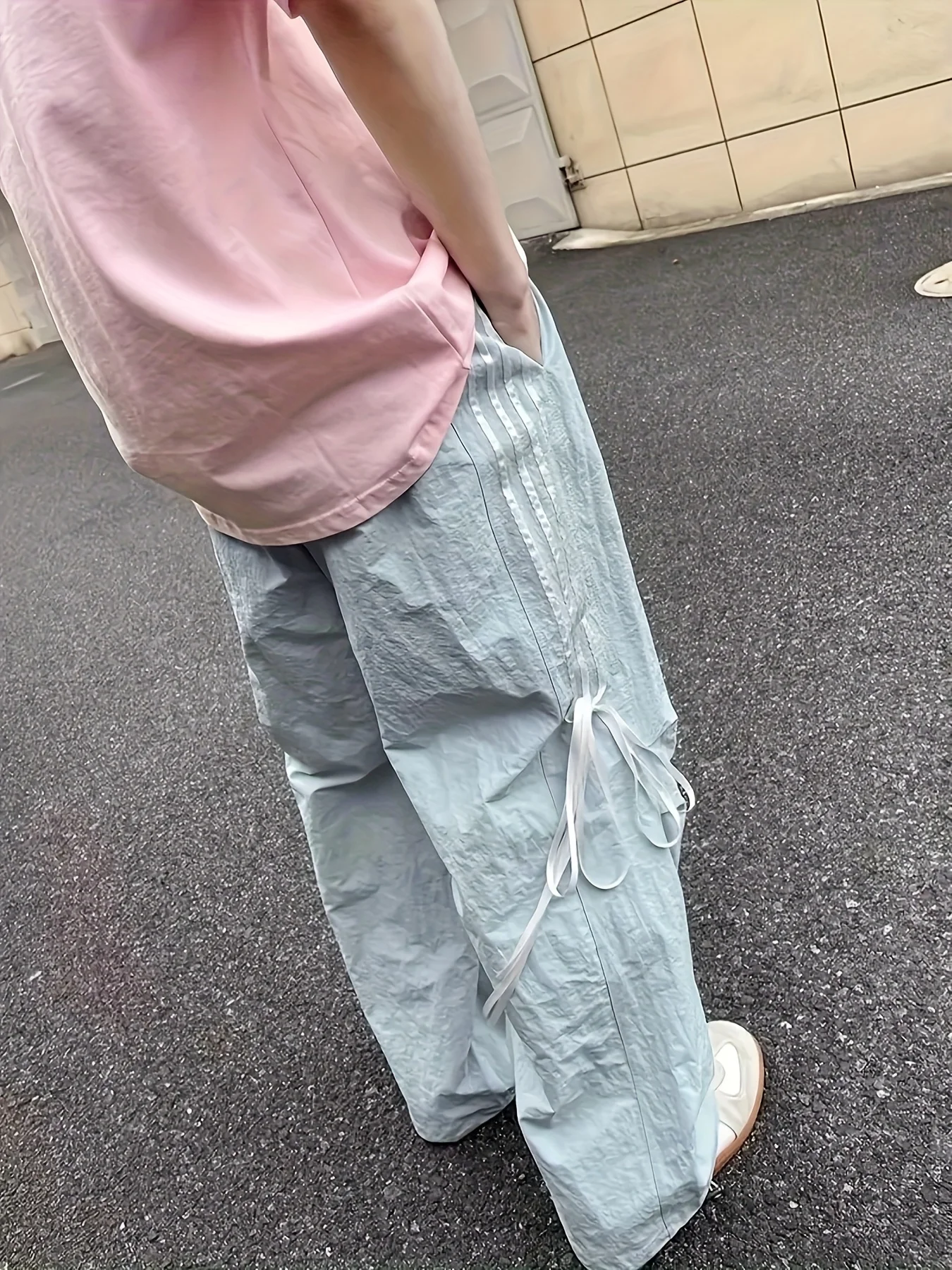 سروال ربطة عنق مخطط على الطراز الكوري للنساء، زي جديد Y2K دوبامين للربيع والخريف والصيف، سروال طويل وردي فضفاض مستقيم الساق للمراهقين، سروال رياضي رائع سريع الجفاف