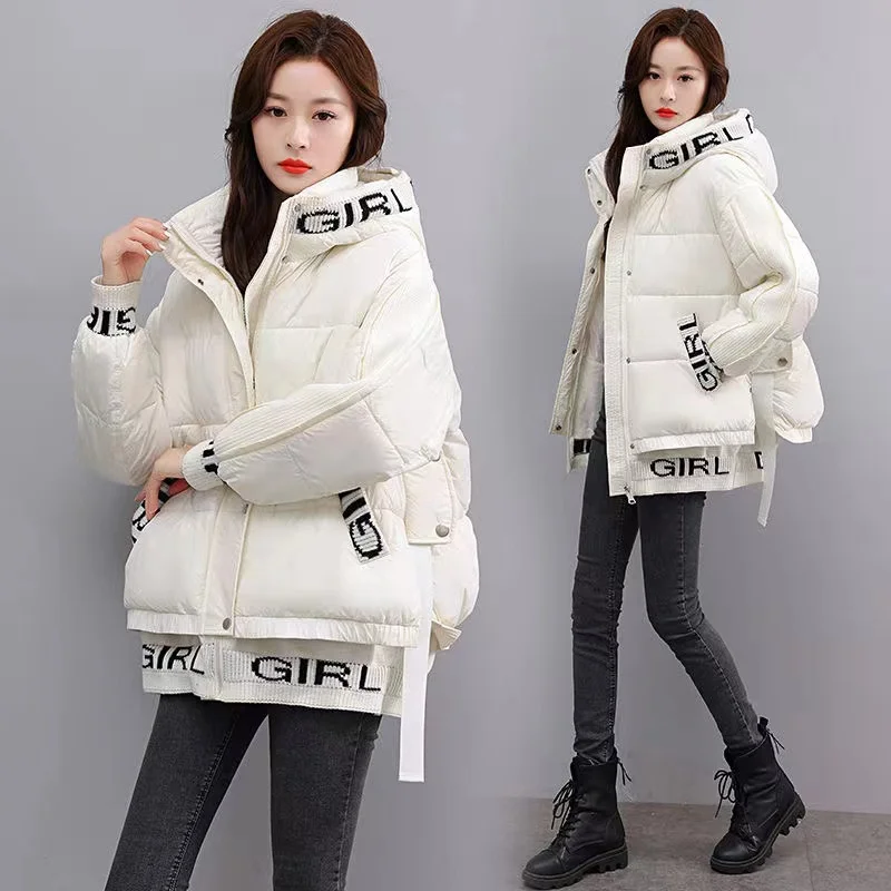 

Womens Spliced Down Cotton Coat New Fashion Winter Thicke Warm Padded Jacket High-Grade Female Korean Hooded Parker Outerwear