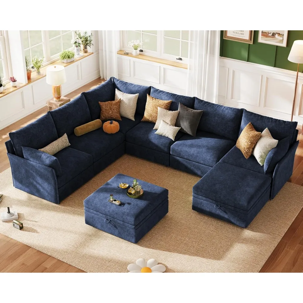 

Oversized Modular Sectional Sofa Blue, U-Shaped Convertible Couch with Movable Ottoman, Large 8-Seater Corner Couches.