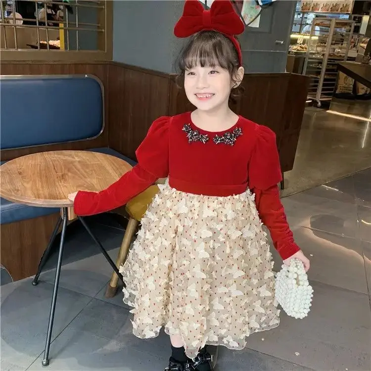 

Girls Princess Dress 2024 Fleece Dress Style Long Sleeve Bow Simple Casual Fashion Skirt Korean Simple Style Clothes Skirt