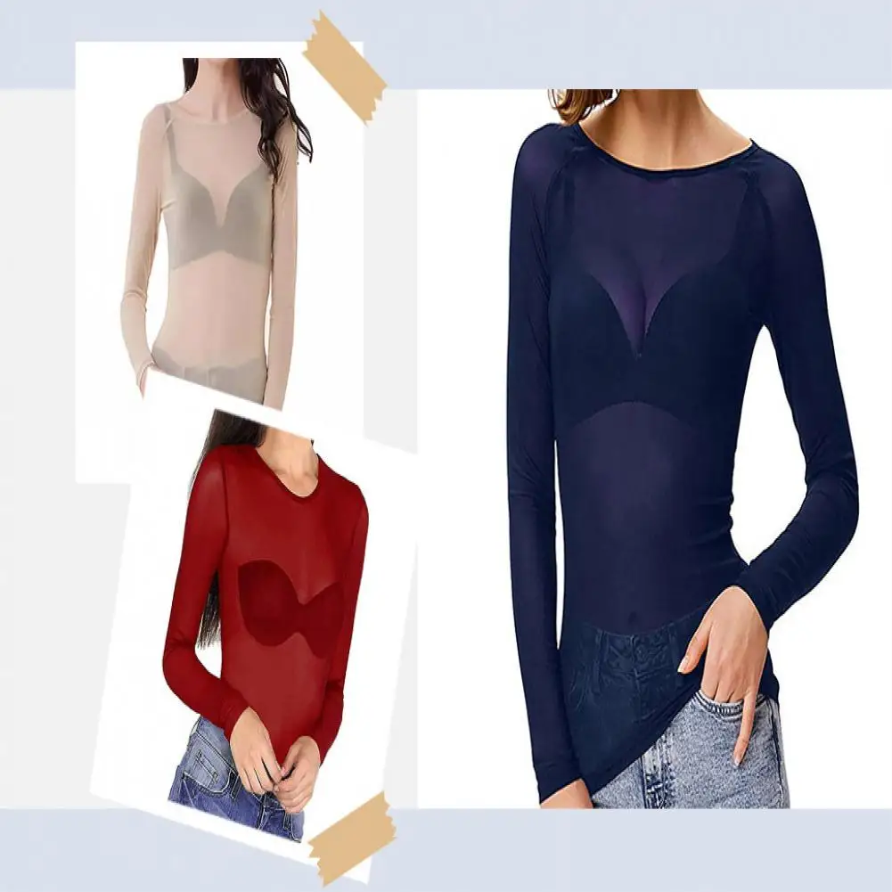 

2025 Women Mesh Bottoming Blouse Sexy See-through Thin Stretch Gauze Top O Neck Long Sleeve Blouse Clear Stretchy Mesh Top
