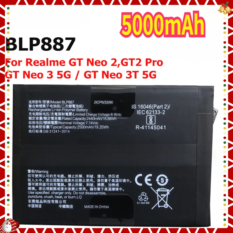 

New BLP887 Battery For Oppo Realme GT Neo 2 Neo2 RMX3370,GT2 Pro RMX3301 RMX3300,Neo3 5G 80W,Neo 3T 5G,RMX3560,RMX3561 Phone