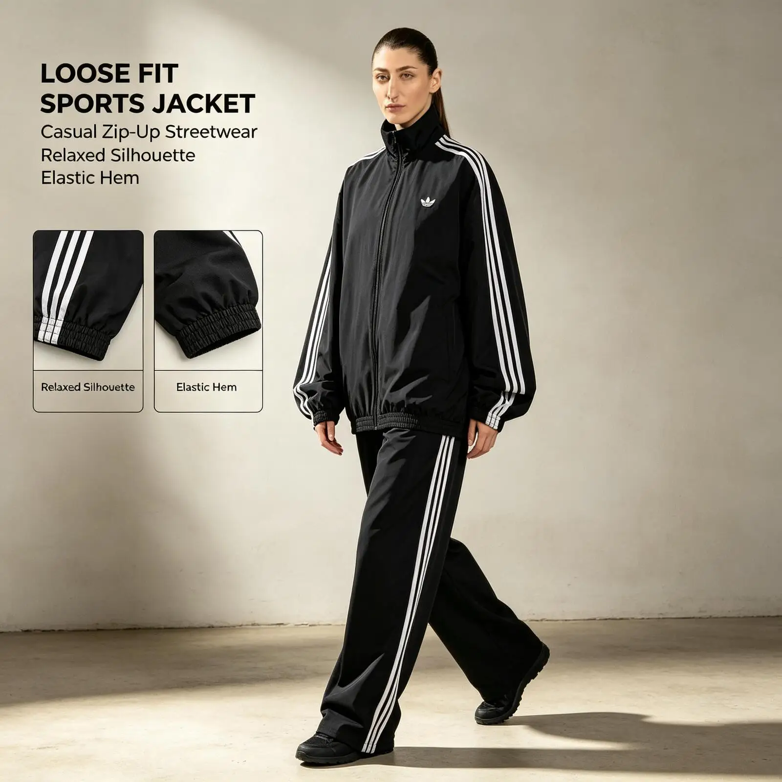 New Adidas Originals Black Oversized Track Jacket Loose Fit Stand Collar Full-Zip Side Striped Casual Sports Streetwear Running