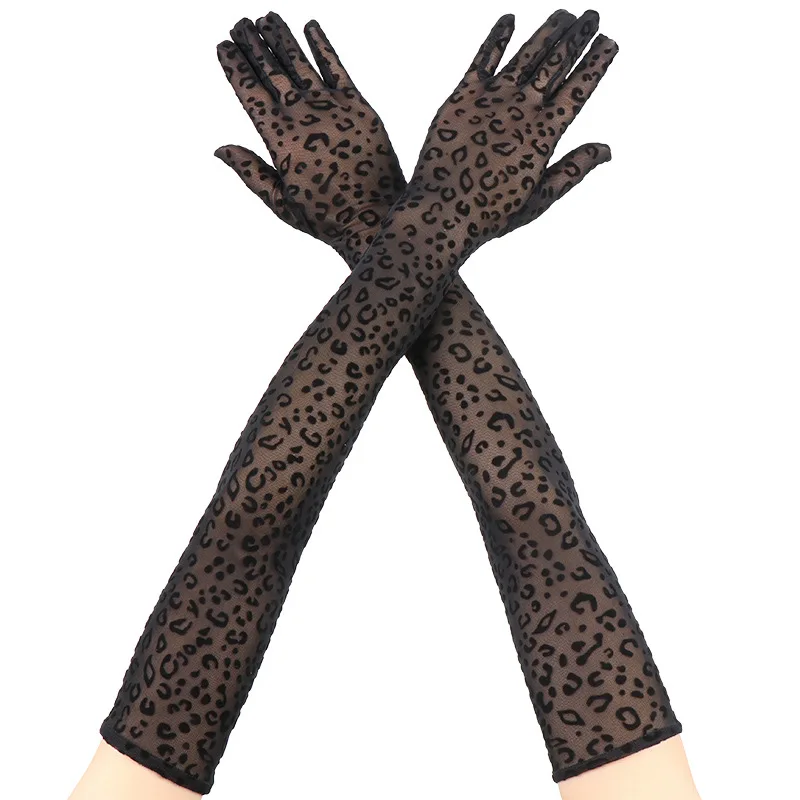 Sexy Leopard Print Lace Mesh Long Gloves High Elasticity Women Party Halloween Cosplay Performance Transparent Hollow Breathable