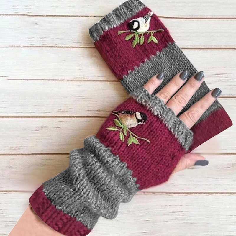 Bird Embroidered Gloves For Women Cotton Knitted Half Finger Mittens Warm Knitting Block Stitching Gloves Christmas Gift