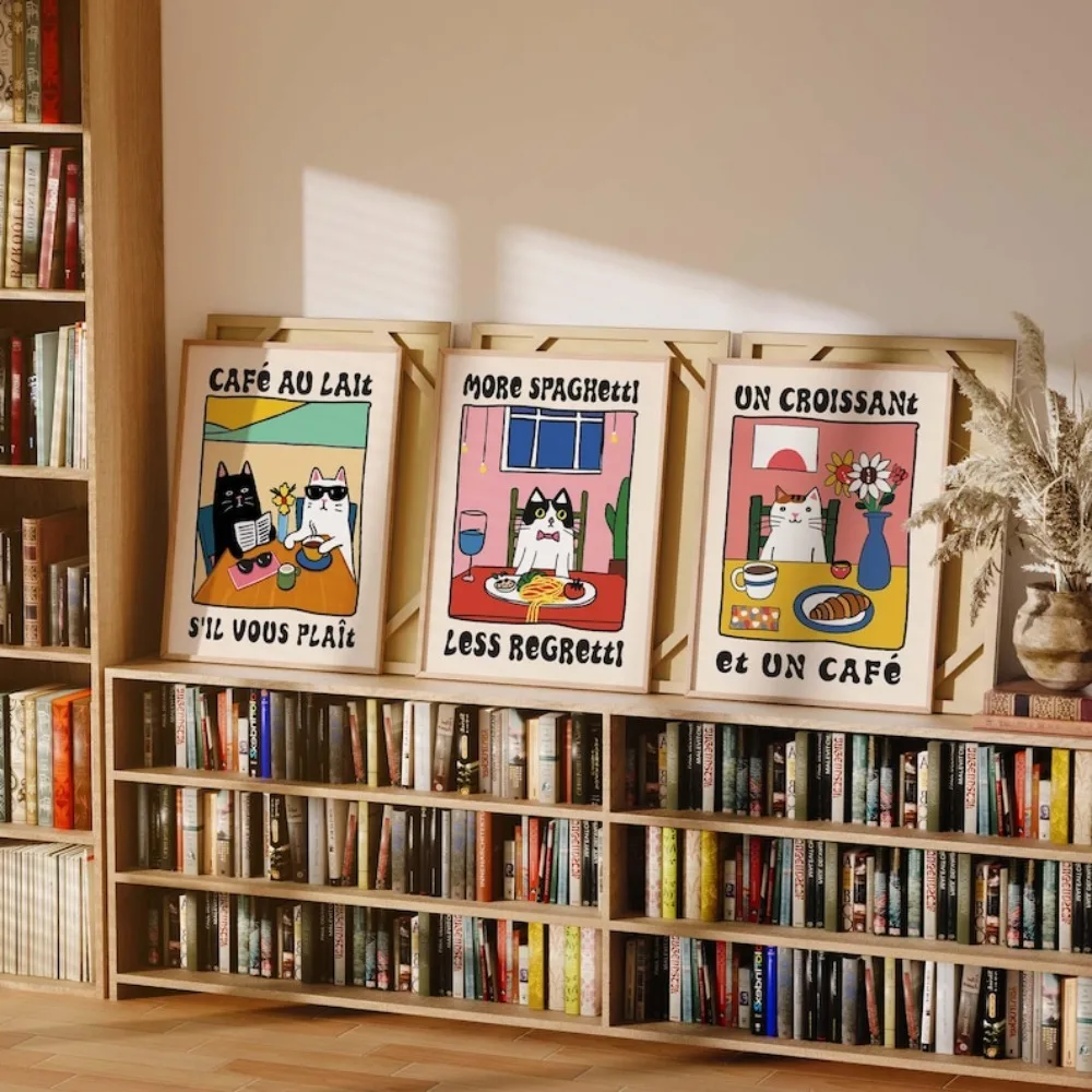 Cat Prints Set of 3,Kitchen Wall Art,Spaghetti,Cafe Au lait,Croissant Cat Poster,Dine Room Wall Decoration,Cat Art Gift Idea