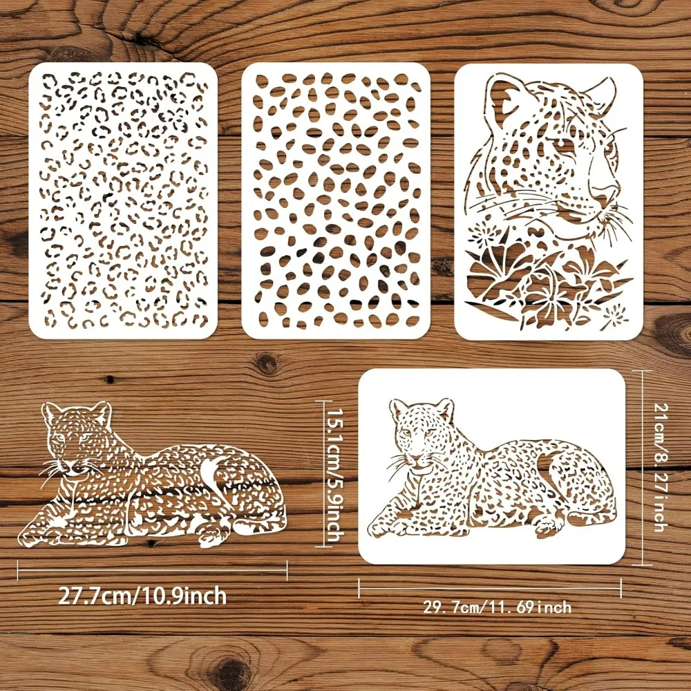 4 Pcs Cheetah Leopard Print Stencils A4 Size 11.7x8.3 inch Flower Panther Pattern Stencil Reusable DIY Animal Template