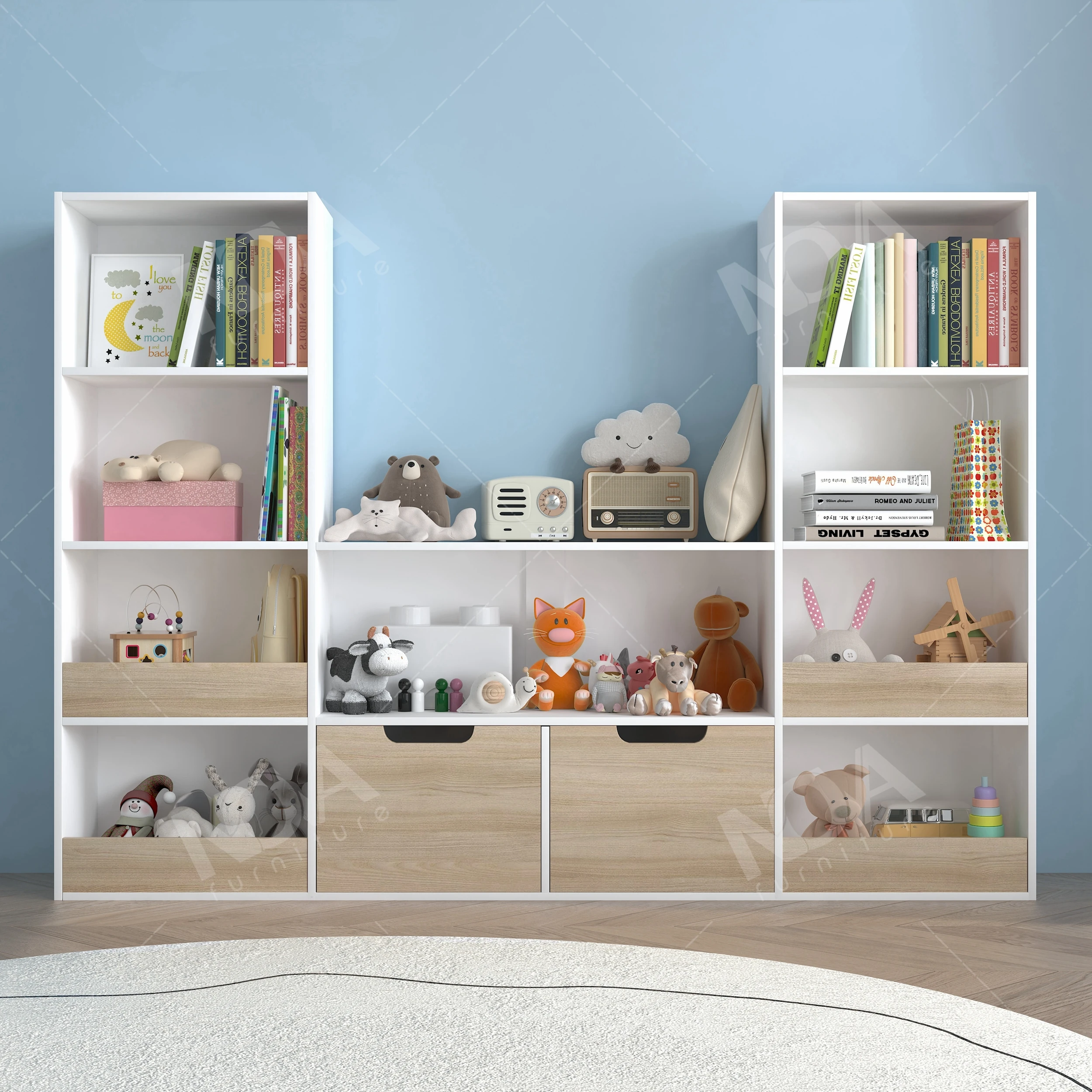 الأسهم الأمريكية خشبية على شكل حرف U كبيرة 4-Layer خزانة الكتب غرفة نوم الأطفال لعبة خزانة الأطفال القراءة رف الكتب الأثاث