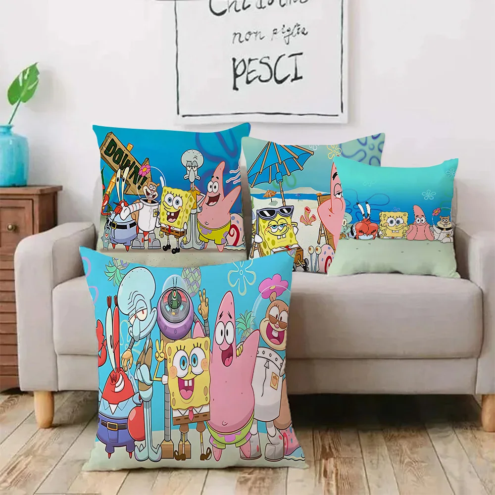 Cartoon S-Spongebob Pillow Covers Cartoon Sofa Decorative Home Double-sided Printing Short Plush Cute Cushion Cover