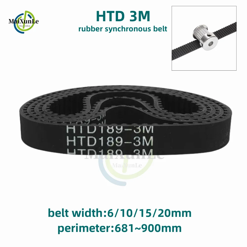 

HTD 3M Synchronous Timing belt width 6/10/15/20mm length 681/684/687/696/699/705/708/711/714/720/732~900mm Rubber closed Belt