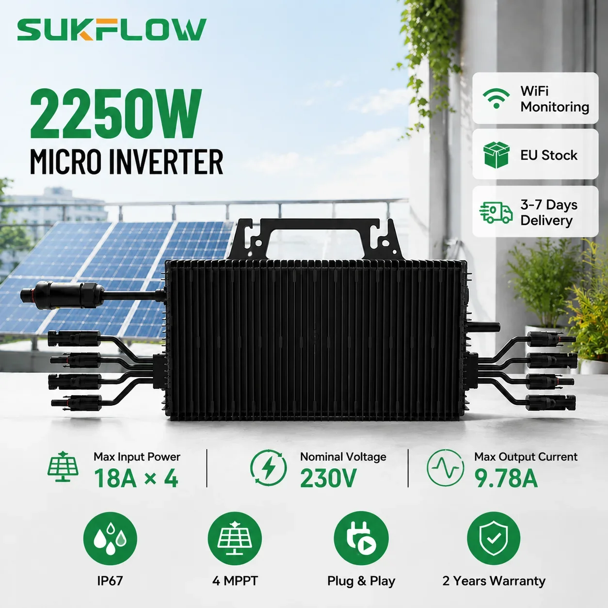 Image of 2250W Netzgekoppelter Mikrowechselrichter mit WiFi-Überwachung, IP67 wasserdicht, MPPT-Solarwechselrichter für Balkon-PV-Systeme, EU