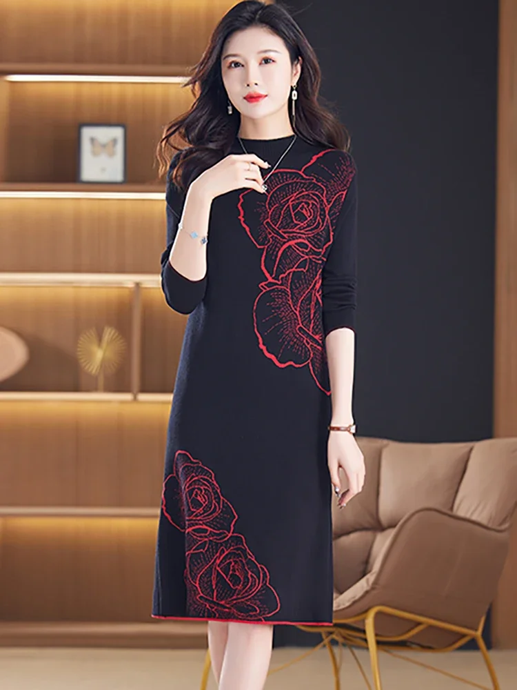Female Korean Vintage Luxury Prom Clothing Autumn Winter Black Knitted Floral Pullovers 2024 Elegant Bodycon Festival Sweaters