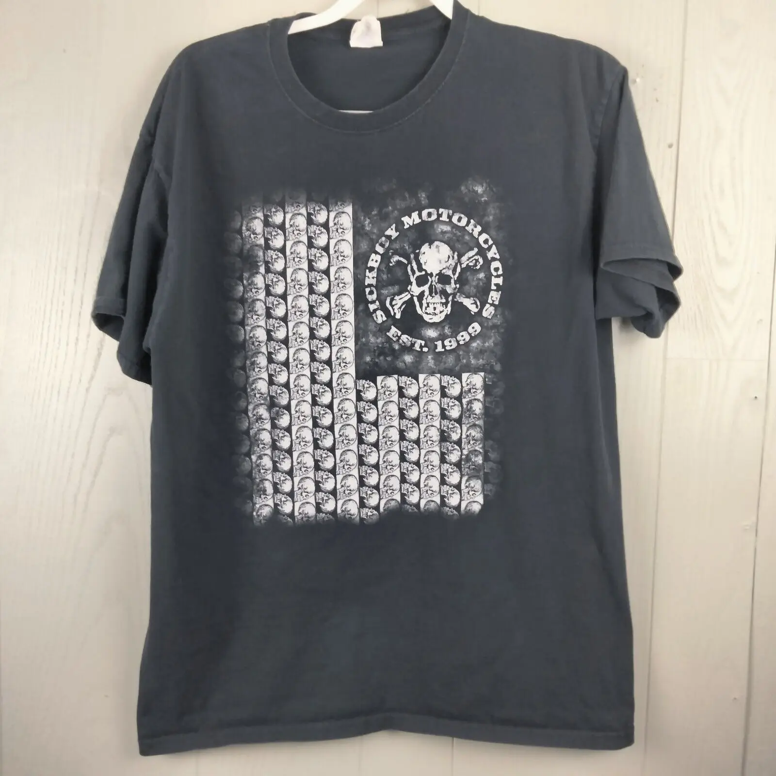 Sickboy Motorcycles Shirt Mens Large L Black Skull Flag Graphic Double Sided