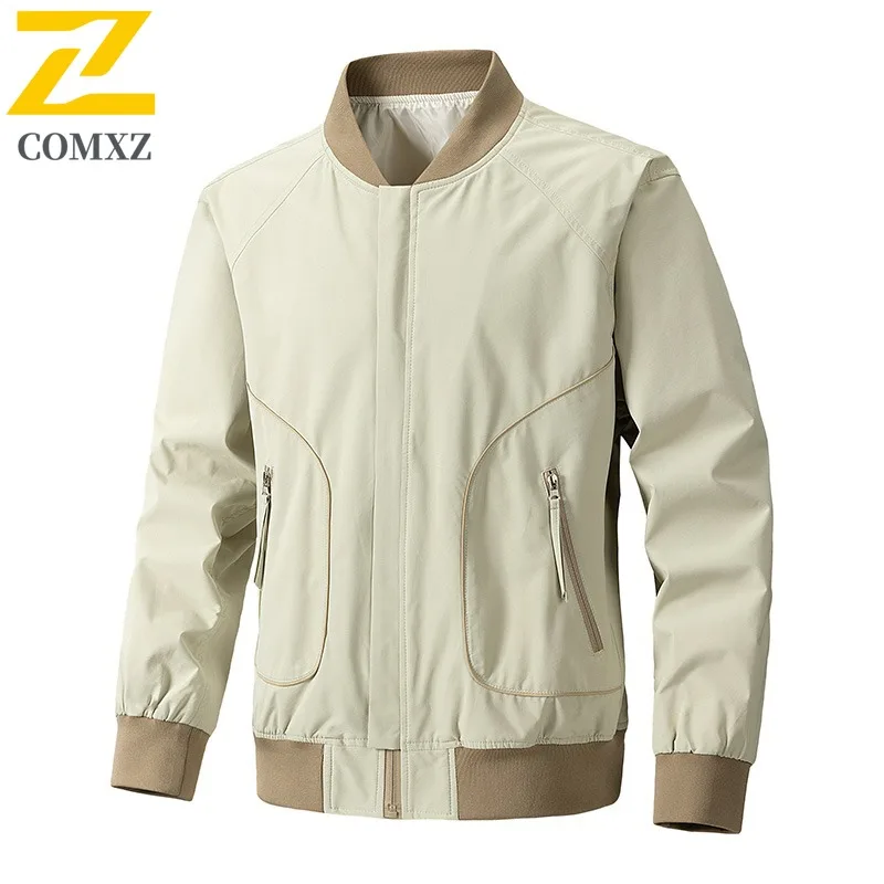 

COMXZ Round Neck Baseball Jacket Solid Color Baseball Collar Jacket Loose Workwear Windproof Casual Jacket Waterproof Top