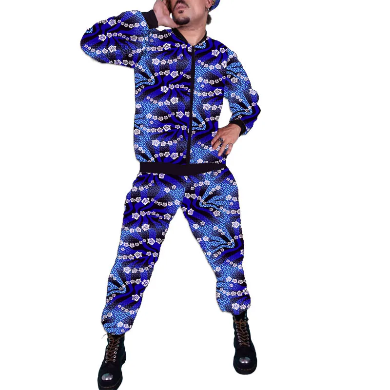 طقم بدلة رياضية رجالي مطبوع عليه شمع سترة بسحاب بنمط عرقي عتيق وسراويل مدببة أزياء أفريقية لمحبي الموضة