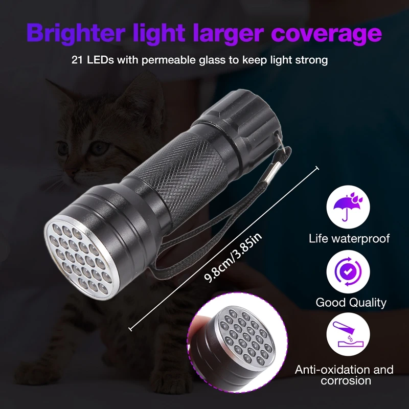 Lanterna de luz preta uv 21 led detector de lanterna para cão animal de estimação urina portátil uv tocha de luz preta para manchas