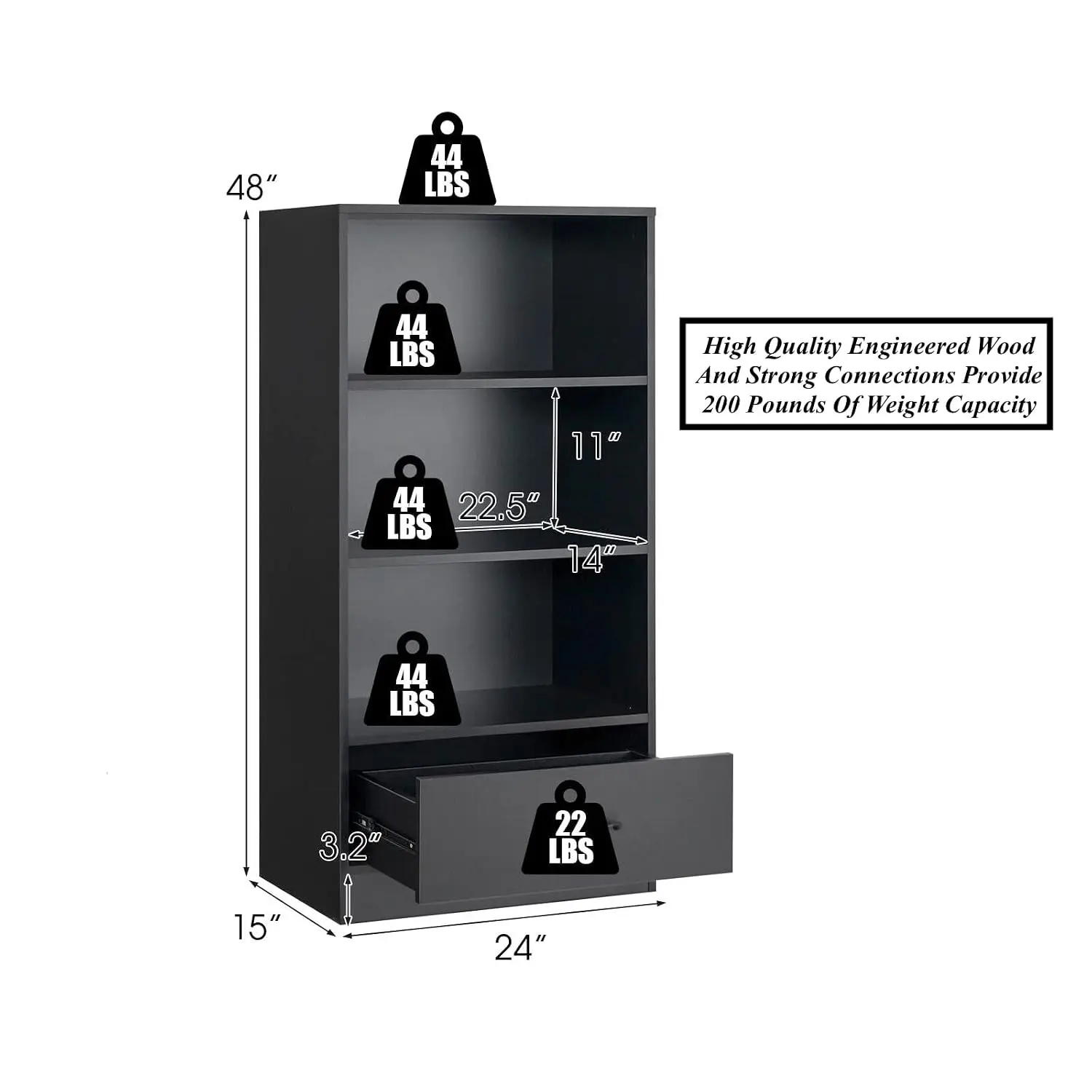 4 Tier Bookshelf Storage Shelf Display Cabinet with Drawer Anti-Toppling Device for Bedroom Living Room Home Office, Customized