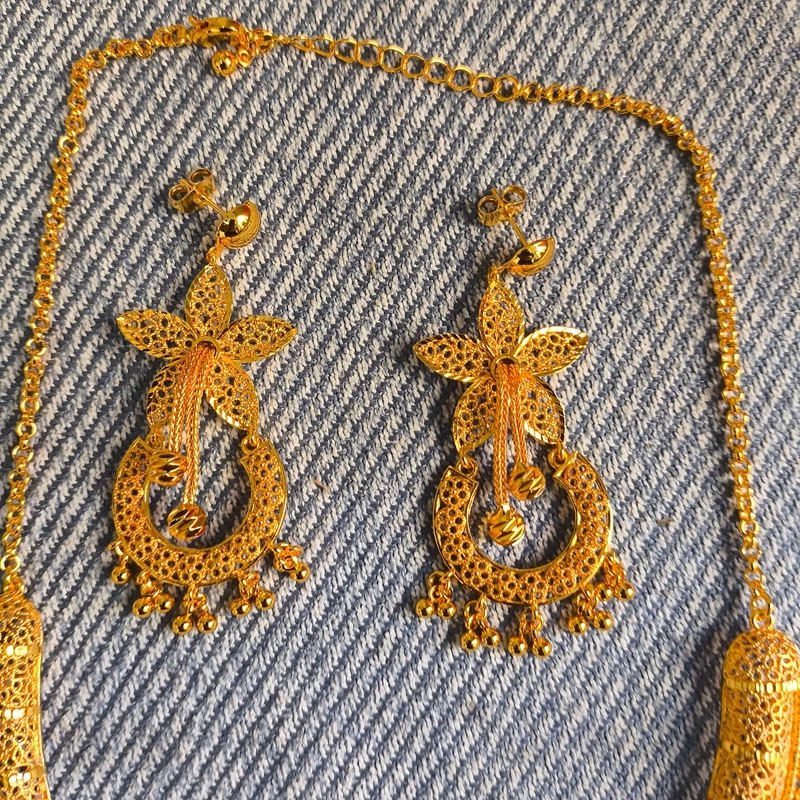 

Fashion Africa Dubai France 24K Gold Plated Customized Necklace Earrings for Couples' Wedding Party Jewelry Set DD10854
