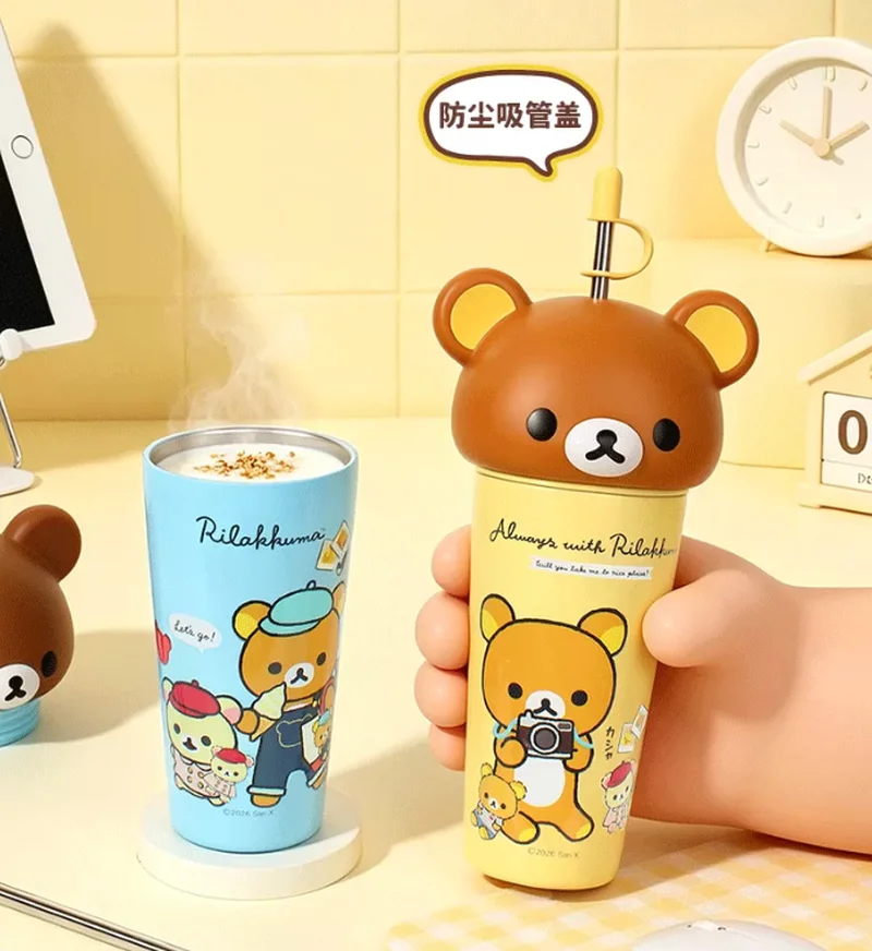In Stock Rilakkuma Straw Insulated Water Bottle 635ml Stainless Steel Leakproof Thermal Cup For Outdoor Daily Use Surprise Gifts