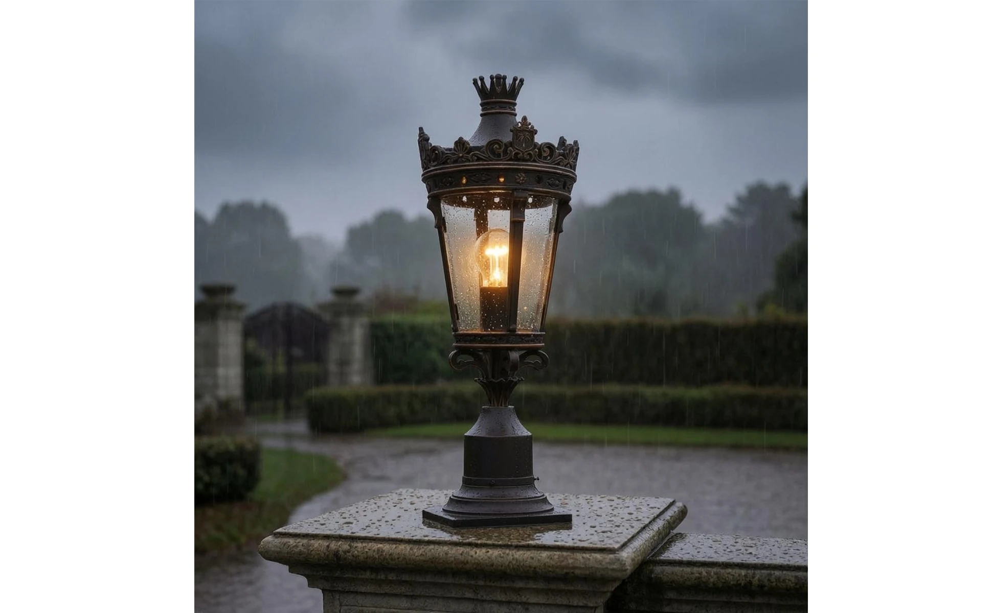 Outdoor Post-Top Lamp Crown-Like Finial Courtyard Wall Lamp Outdoor Post Lantern Ornate Trim Pier Mount Light Clear Glass Panels