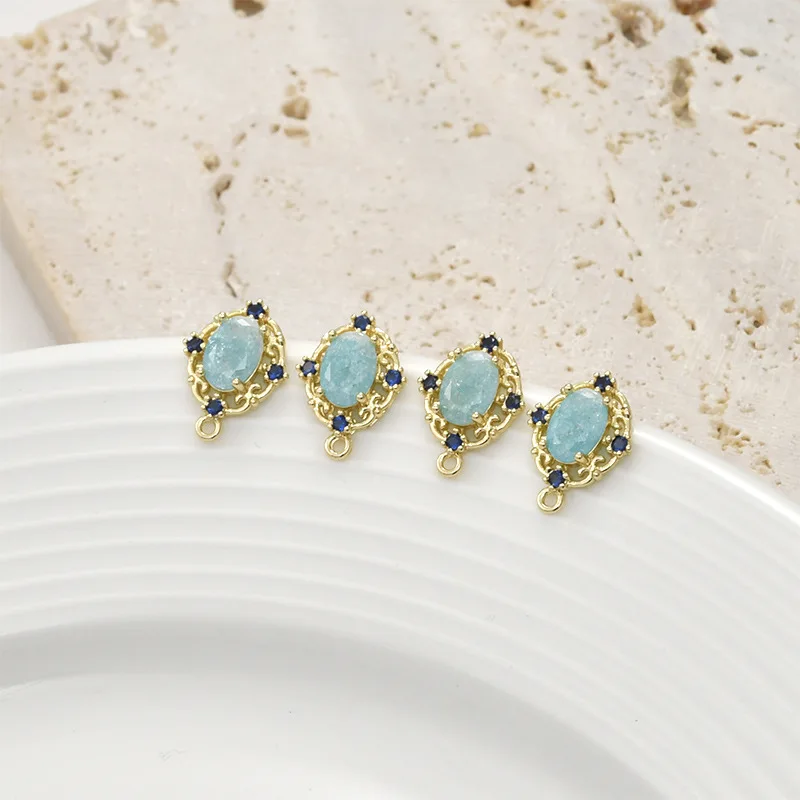 High Texture 14k Golden Sea Ice Blue Crack Oval with Hanging Silver Needle Earrings DIY Handmade Ear Jewelry Accessories Materia