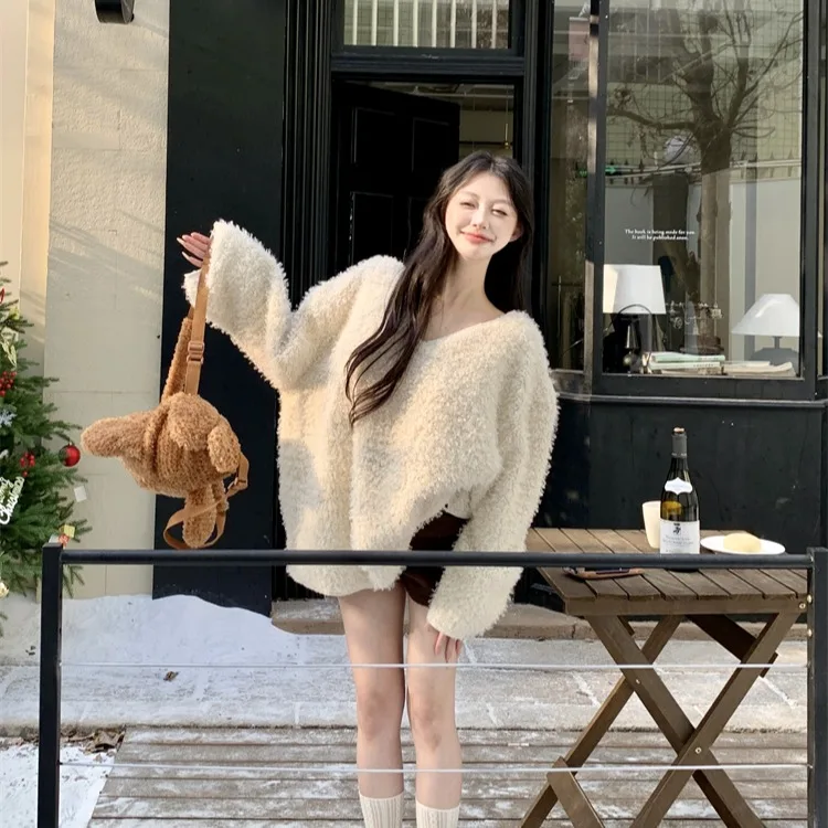 Ultra-Thi Übergroßer Lazy Sle Baby Samt Eepskin Hoodie Damen Long Sve V-Ne Korean Sle Pendeln Normale Länge