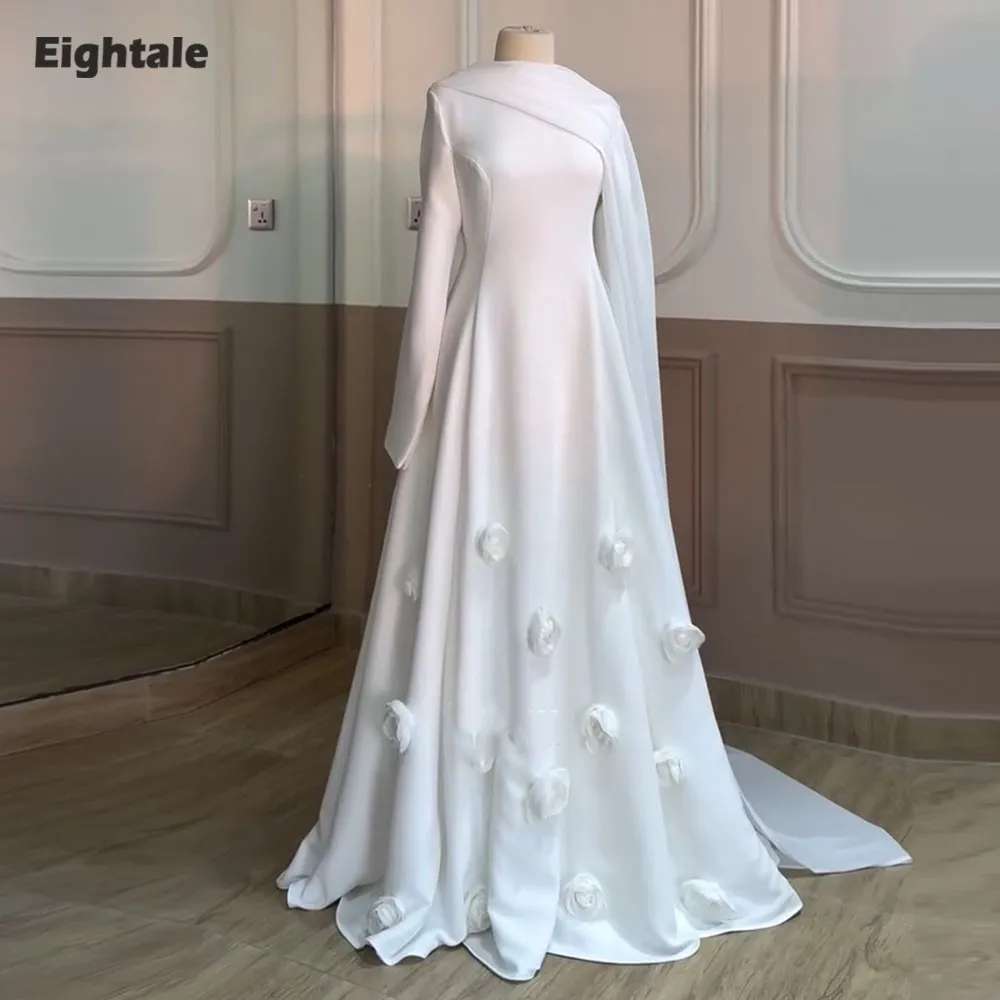 Eightale Arabic Wedding Dress O-Neck Customized Ivory Satin Bridal Gown 3D Flowers A-Line Floor Length Muslim Bride Party Dress